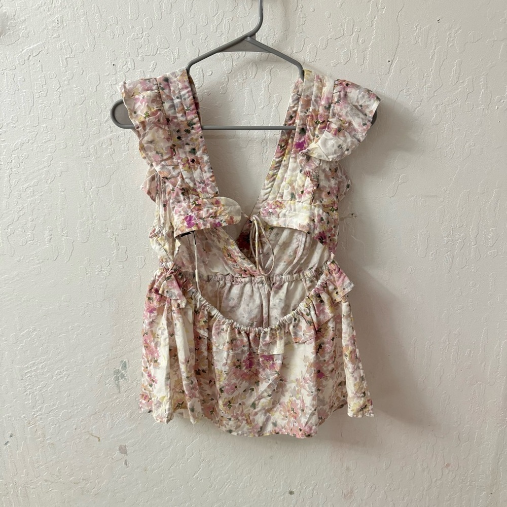 MUNTHE Rent the Runway Herb Ruffle Flutter Sleeve Floral Open Back Blouse 10 /40 - Picture 6 of 8